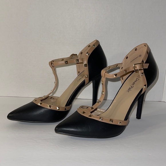 Dream Pairs Black & Beige Point Toe Studded Heel 9 - Picture 3 of 11
